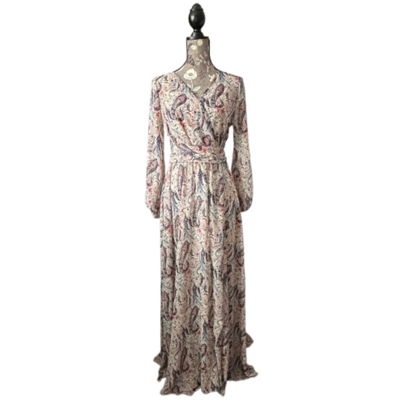 indigo Rose Women's M Beige Multicolor Boho Long Sleeves Maxi Cocktail Dress - Picture 1 of 15